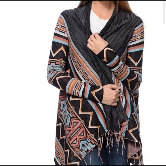 Billabong tribal print open fridge boho cardigan blue & pink sweater siz… - Picture 2 of 11